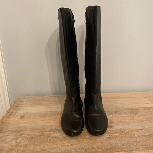 Kate Spade Knee High Boots Black Leather Made Italy Size 7 Gold Heel Equestrian - Picture 10 of 12